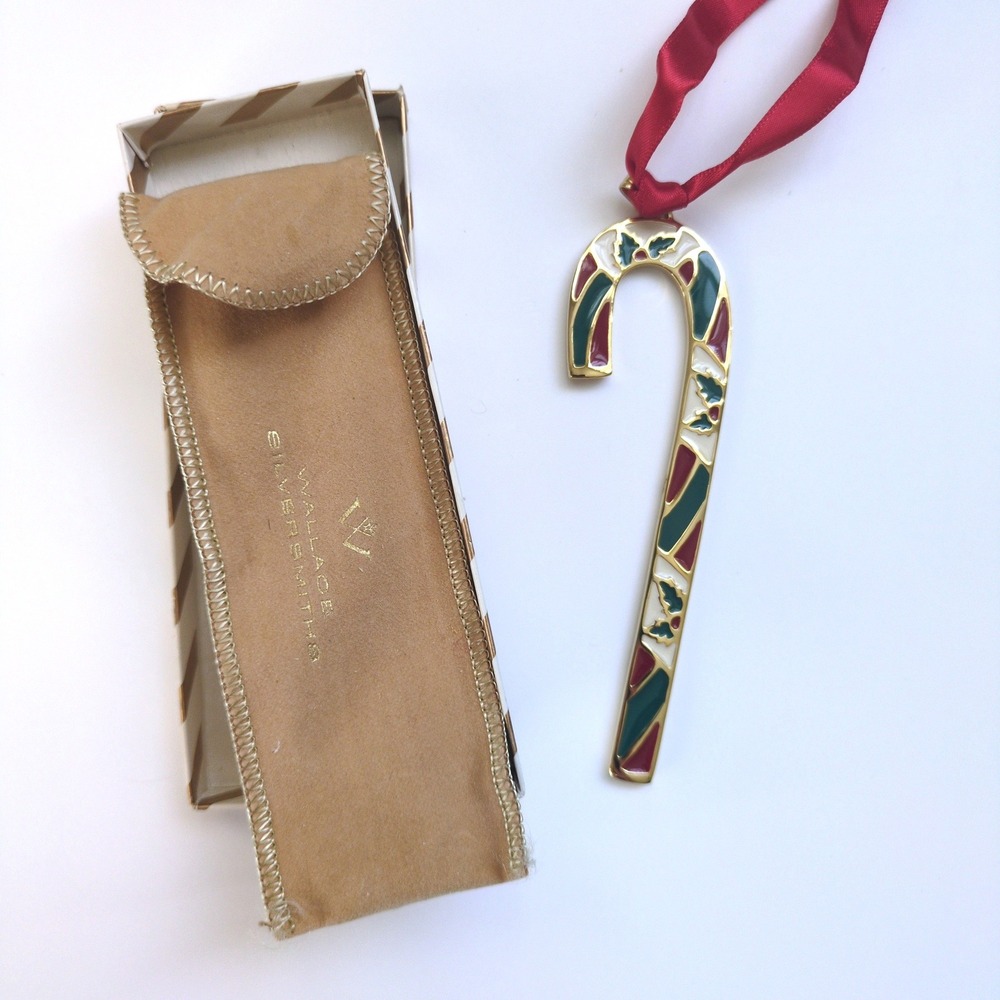Vtg 1982 Wallace Silversmiths Wintergreen Candy Cane Ornament Enamel + Box, Bag